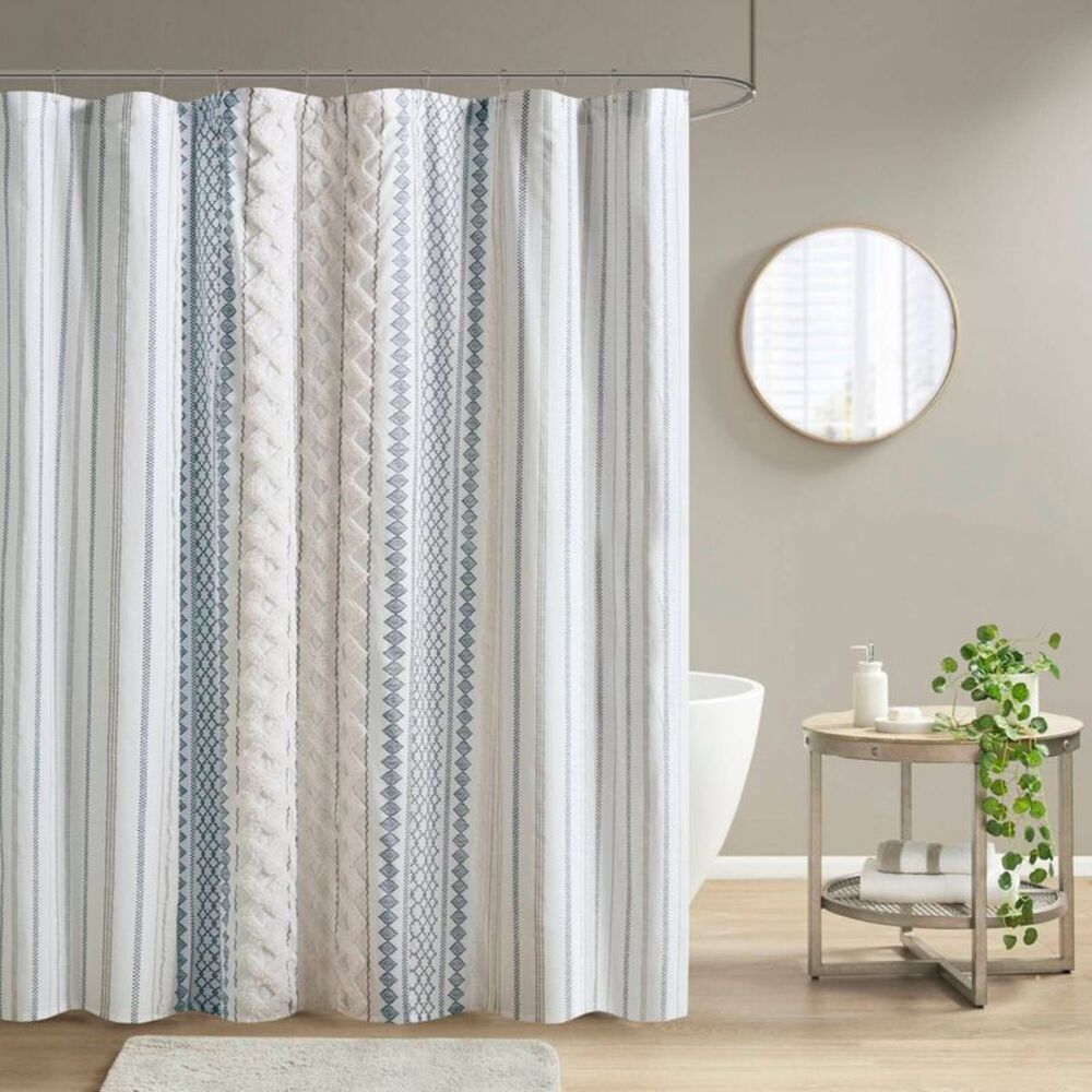 Ink+Ivy -  Imani Cotton Print Elegant Soft Shower Cur Navy Blue/White